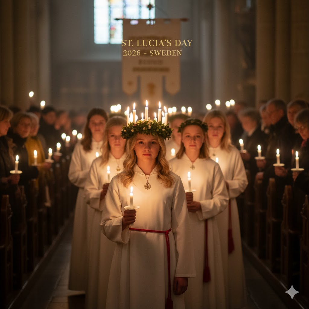 Girls wearing candle crowns during St. Lucia’s Day 2026 in Sweden