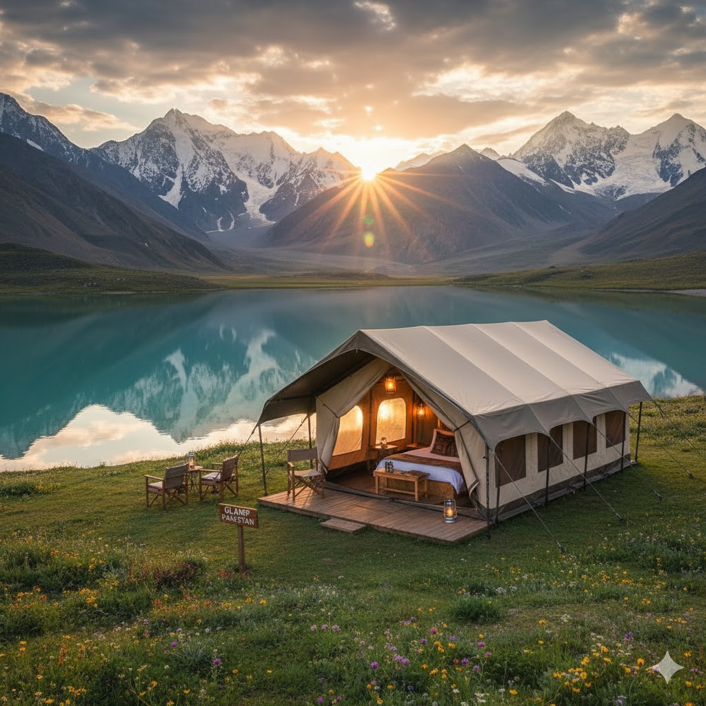 Glamp Pakistan luxury tent set up near Sheosar Lake with mountain backdrop under golden sunrise. Glamp Pakistan luxury tent set up near Sheosar Lake with mountain backdrop under golden sunrise.