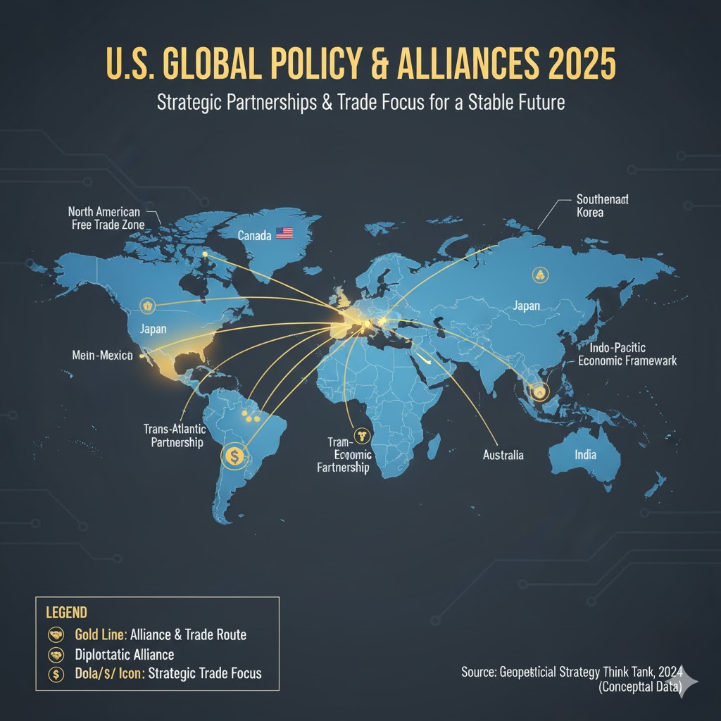 Global policy map showing U.S. alliances and trade focus 2025