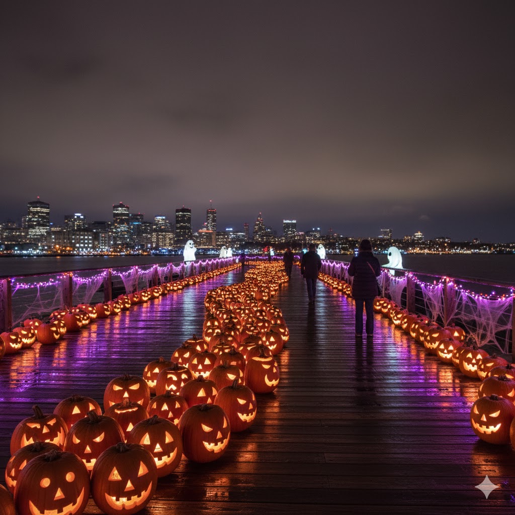 Glowing pumpkins lining a boardwalk during Halifax Halloween celebration.