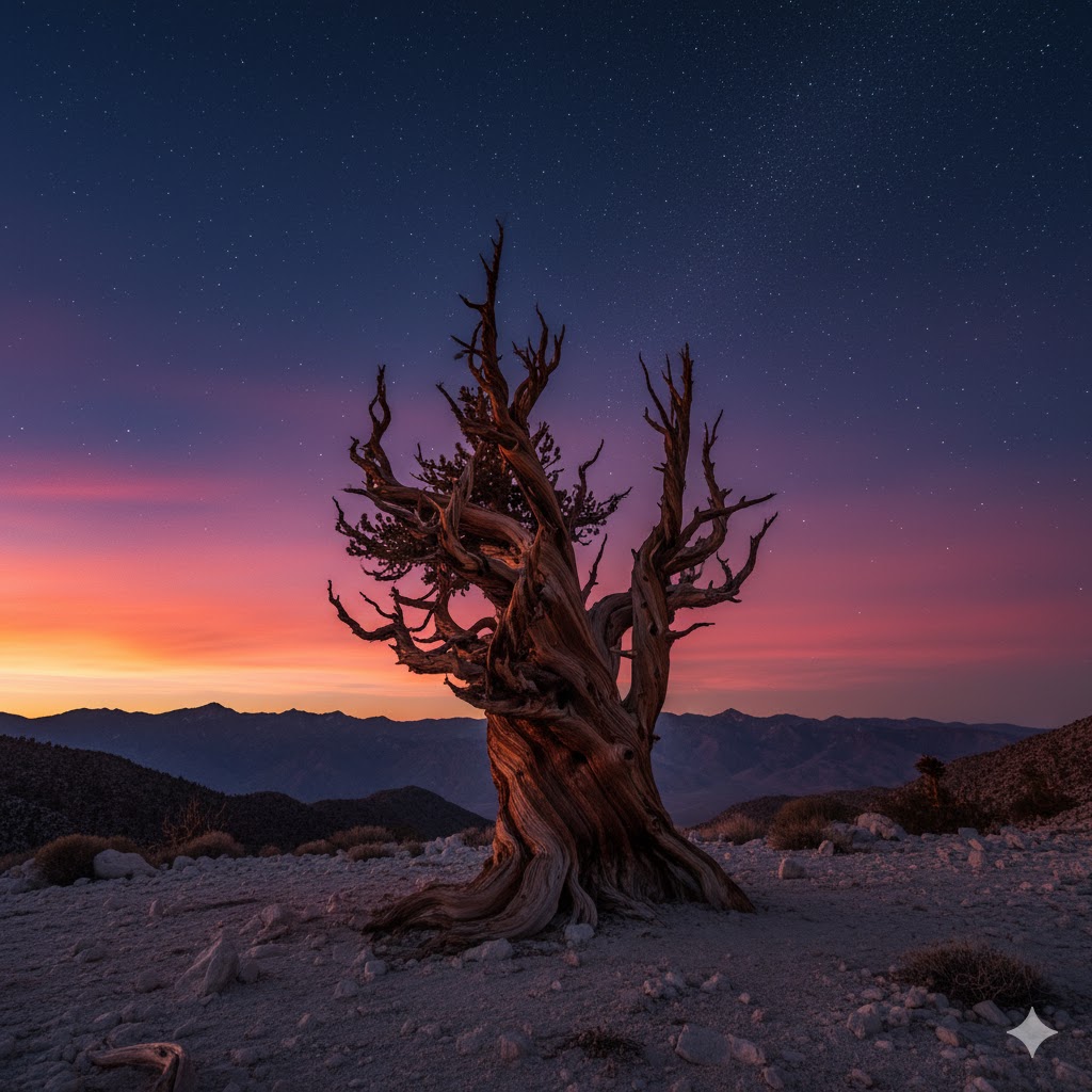 Gnarled bristlecone pine silhouette against high desert sky in the White Mountains. Gnarled bristlecone pine silhouette against high desert sky in the White Mountains.