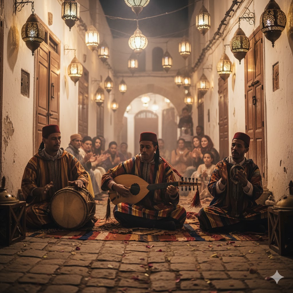 Gnawa musicians playing traditional instruments under lantern light in Essaouira