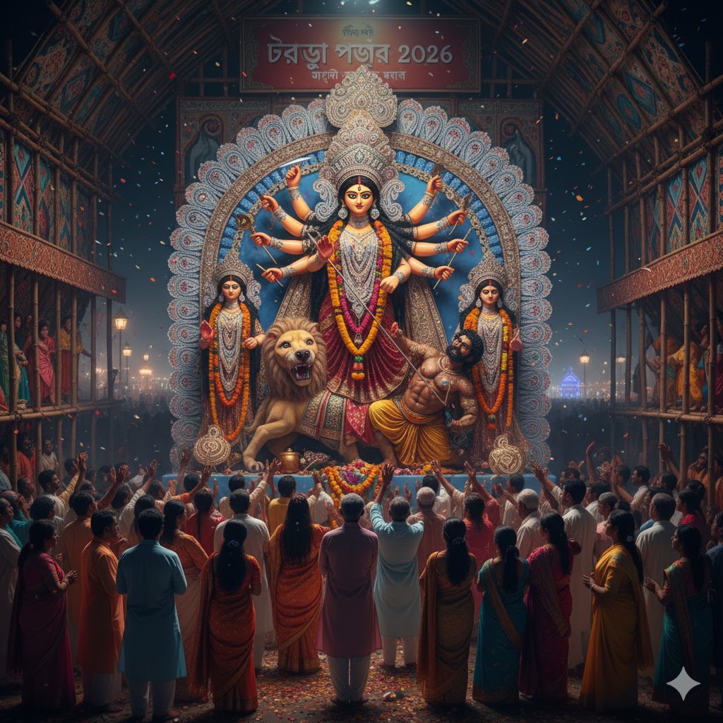 Goddess Durga idol with devotees offering prayers during Durga Puja 2026 Kolkata