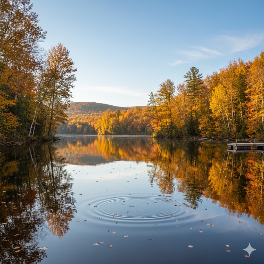 Golden autumn leaves reflecting on a calm lake in Quebec during September