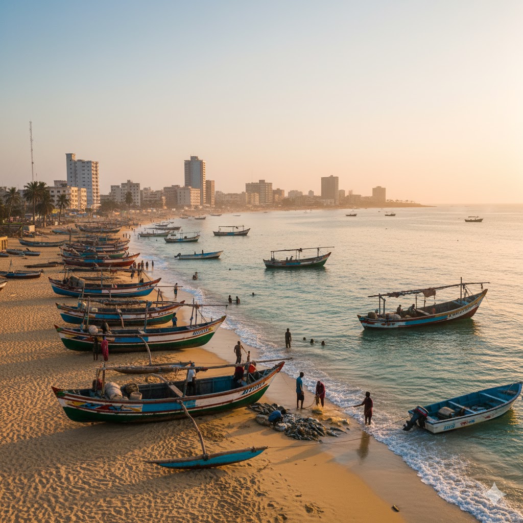 Golden beach and fishing boats near Mogadishu waterfront, Somalia