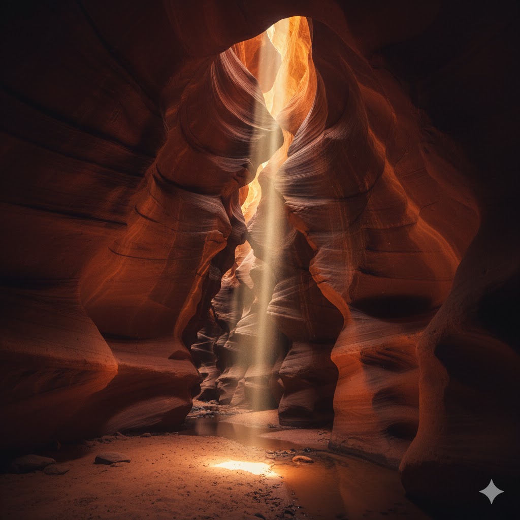 Golden light beams through narrow sandstone walls of Hidden Canyon, Arizona.
