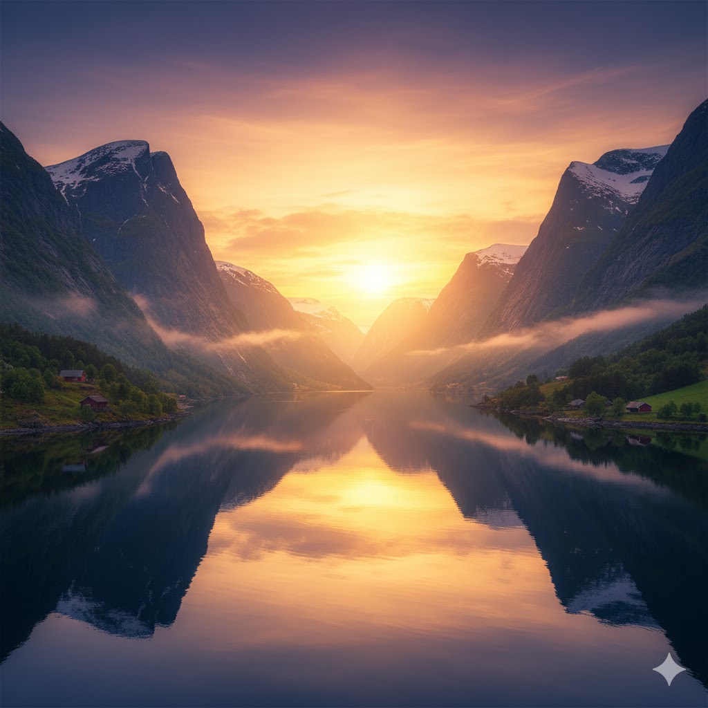 Golden midnight sun glowing over Norway’s fjords and snow-dotted mountains