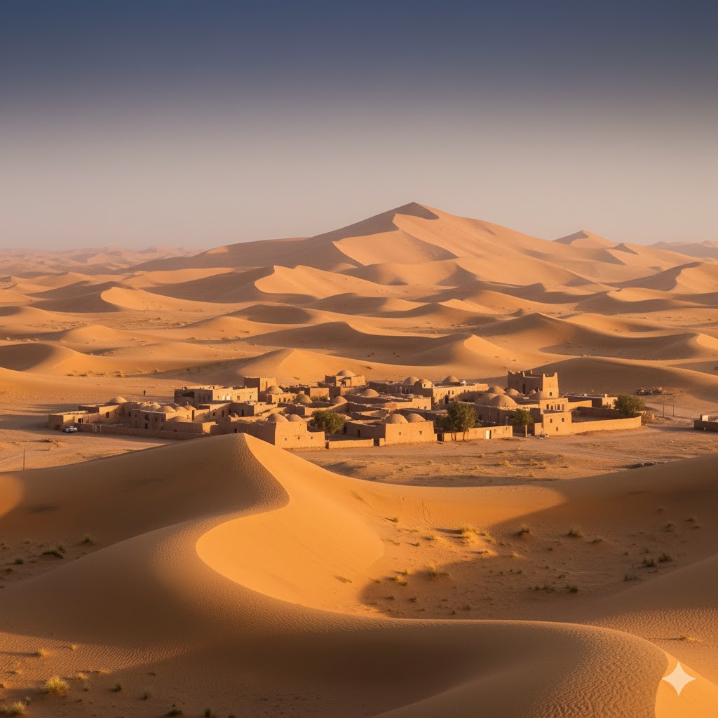 Golden sand dunes surrounding the clay houses of Mesr Desert Village in Iran. 