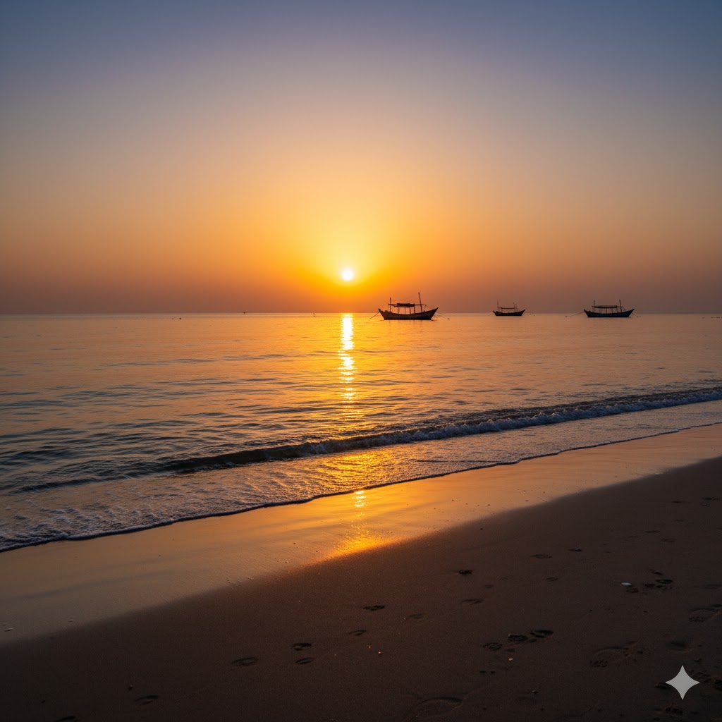Golden sunset at Sonmiani Beach during winter season with calm waves. 