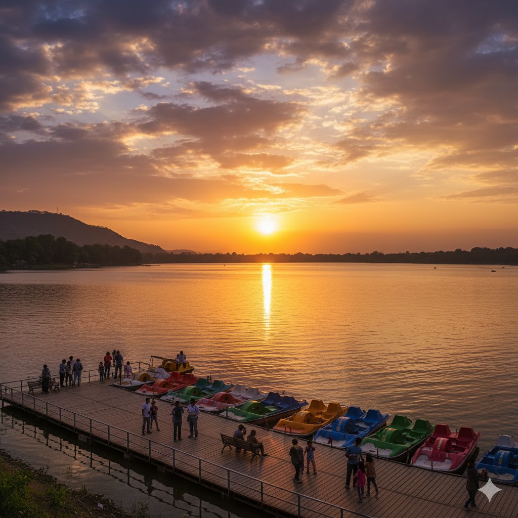 Golden sunset over Rawal Lake with boats and families along the pier.