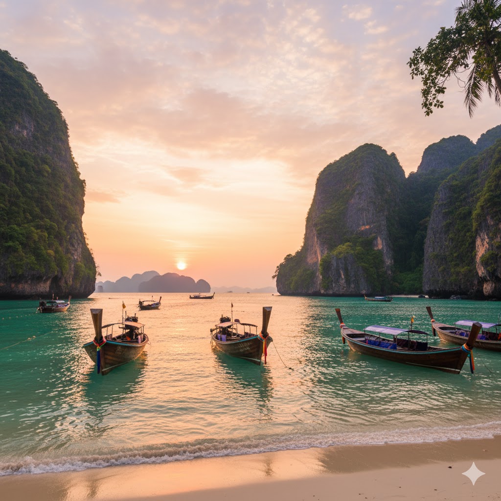 Golden sunset over Thailand’s beaches with long-tail boats anchored near limestone cliffs