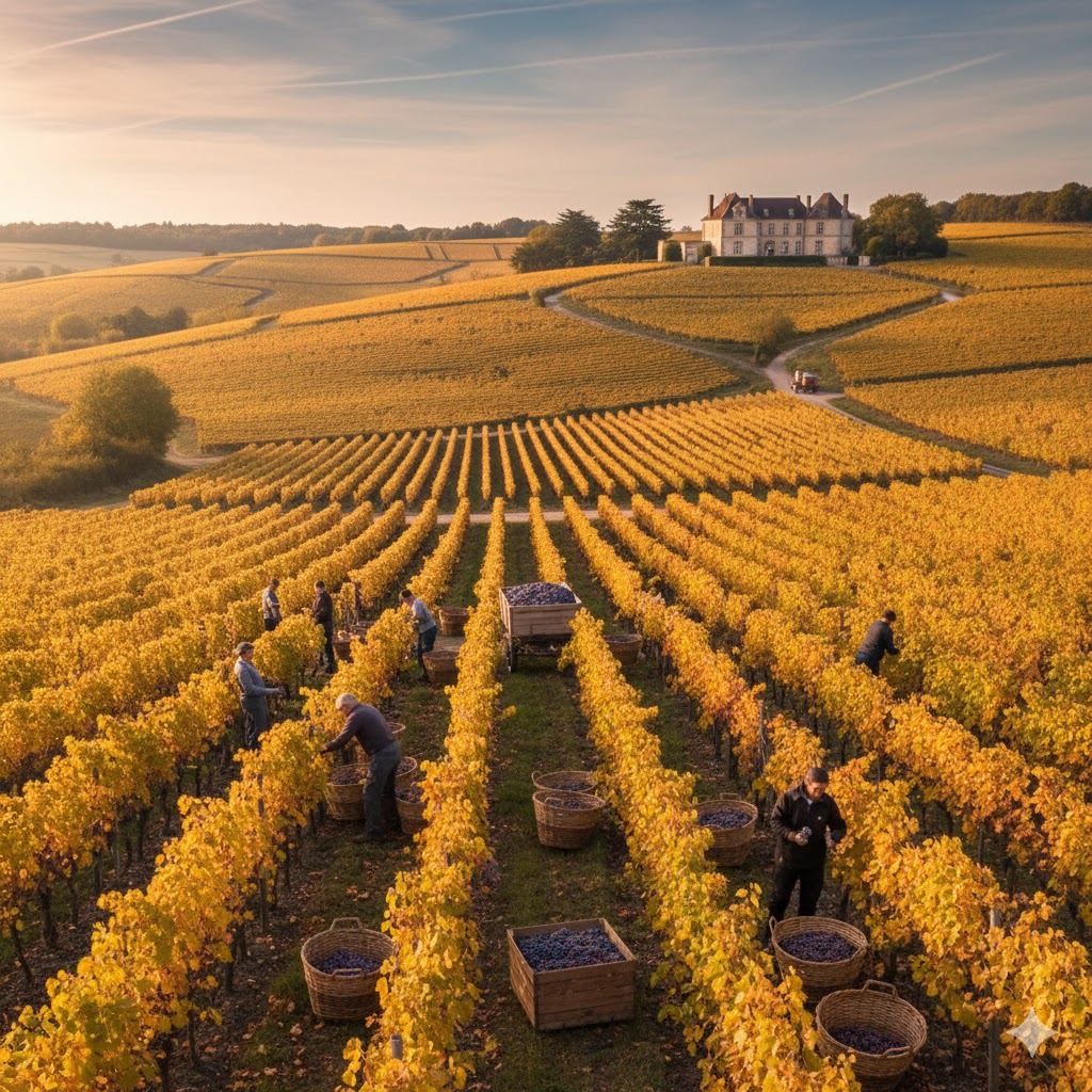 Golden vineyards in Bordeaux during the French wine harvest season