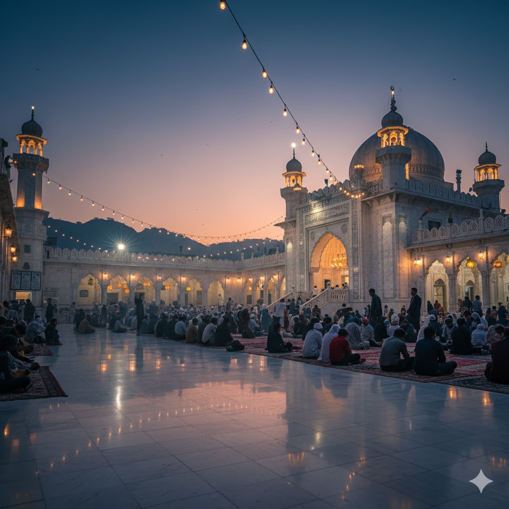 Golra Sharif Shrine illuminated at dusk with devotees gathered around the marble courtyard.