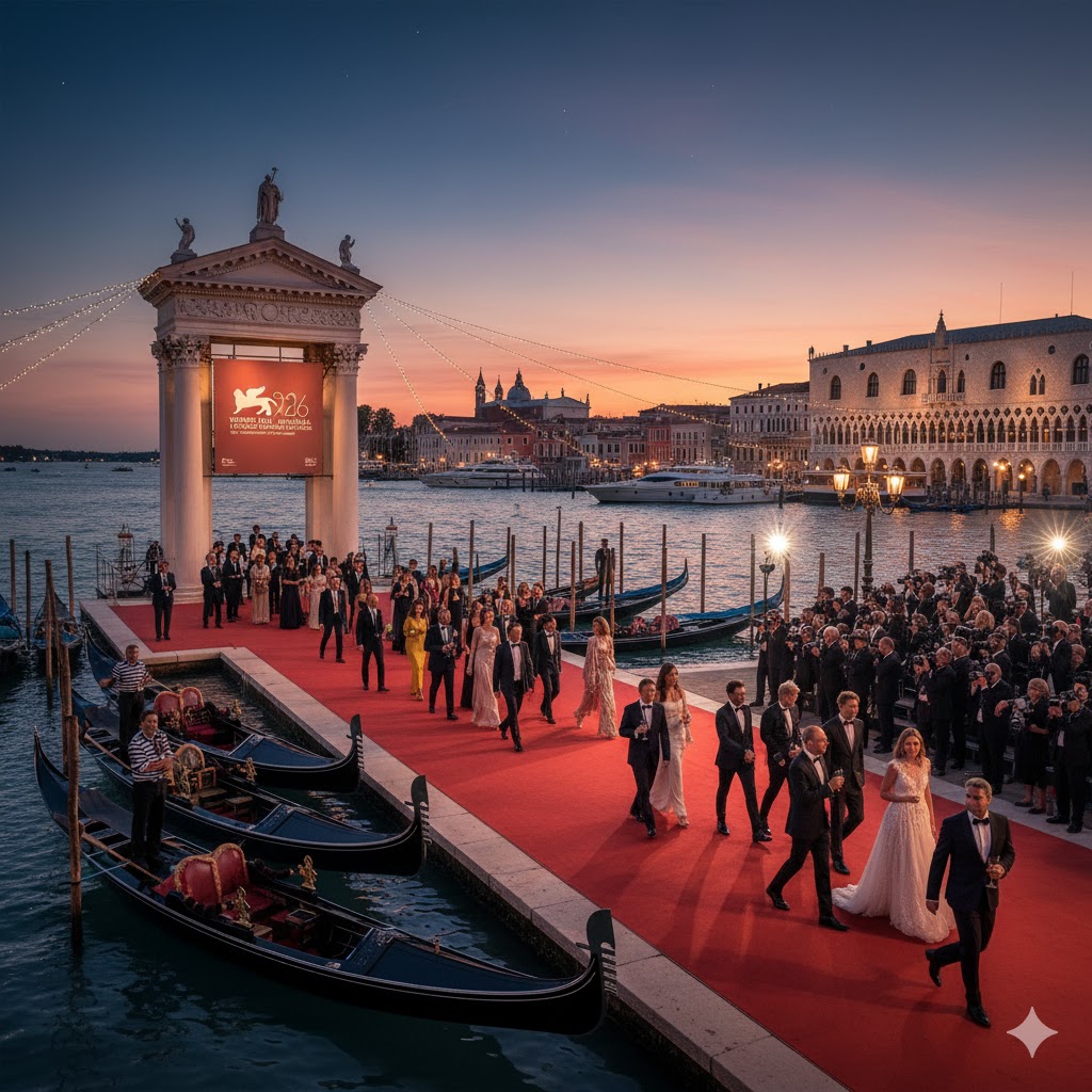 Gondolas and red carpet entrance by lagoon during Venice Film Festival 2026 Italy