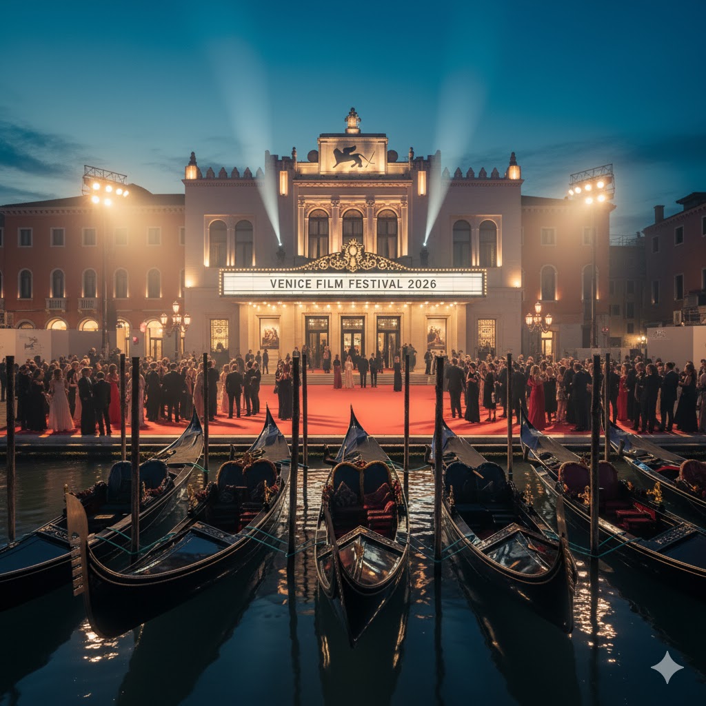 Gondolas near red carpet area at Venice Film Festival 2026 Palazzo del Cinema.