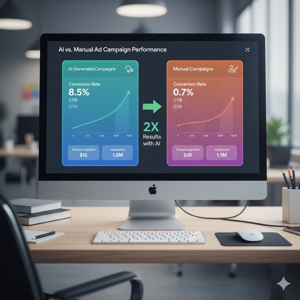 Google Analytics dashboard showing AI vs manual ad comparison results.
