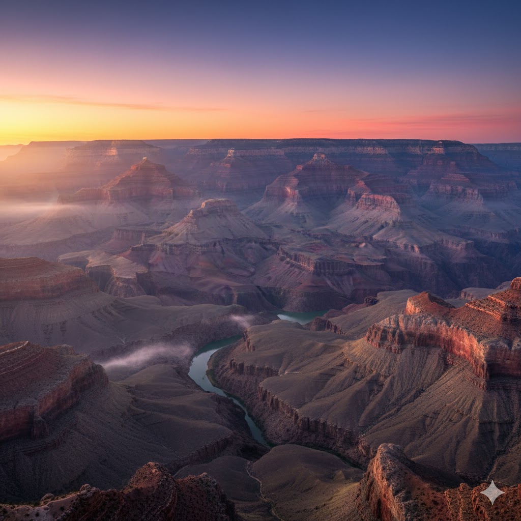 Grand Canyon at sunrise with layers of red rock and river below, United States