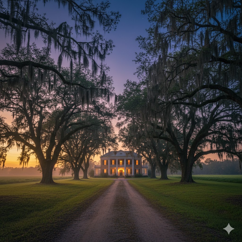 Grand antebellum mansion surrounded by Spanish-moss oaks glowing in Louisiana twilight.