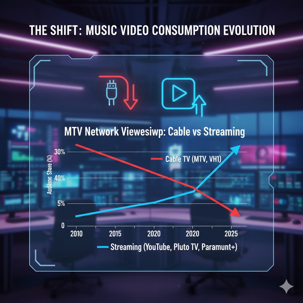 Graph showing decline of cable viewership for MTV channels versus rise of YouTube and streaming