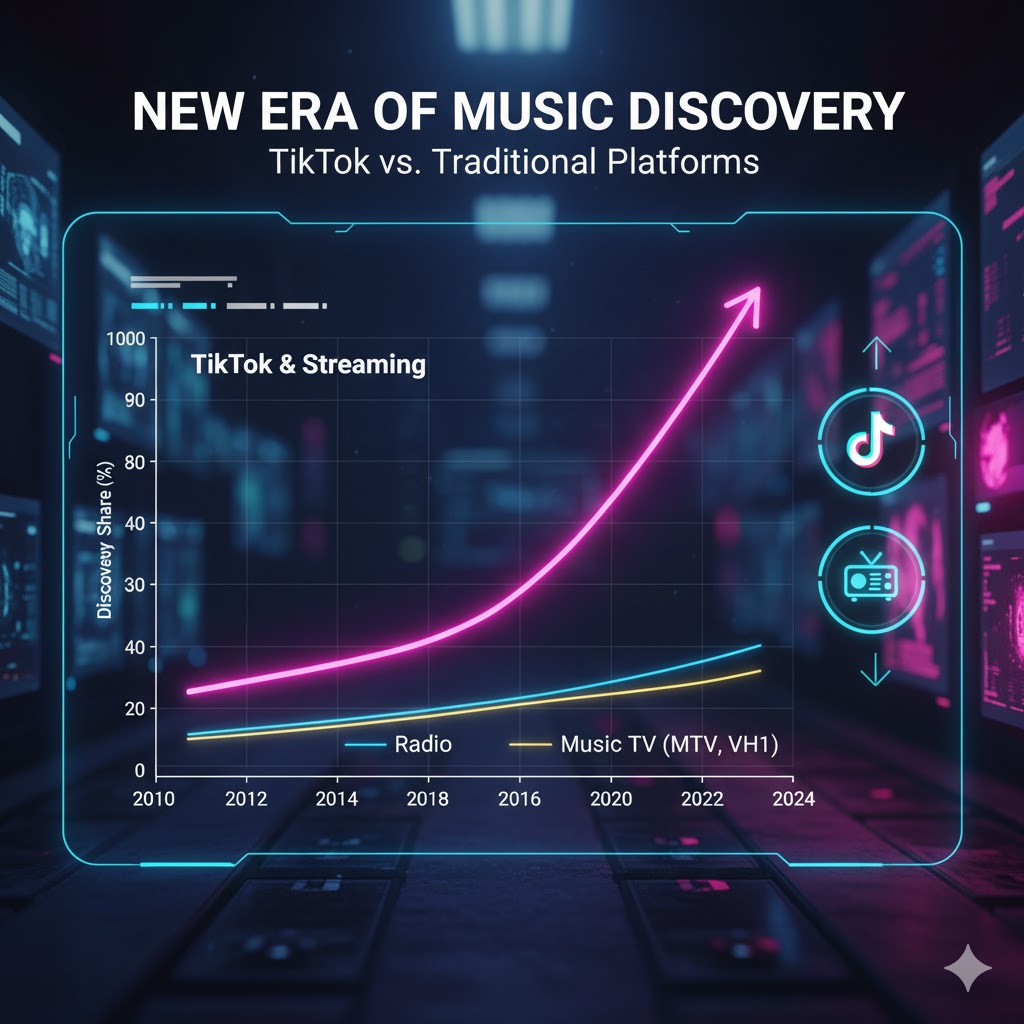 Graph showing growth in music discovery through TikTok compared to traditional platforms like radio and TV.