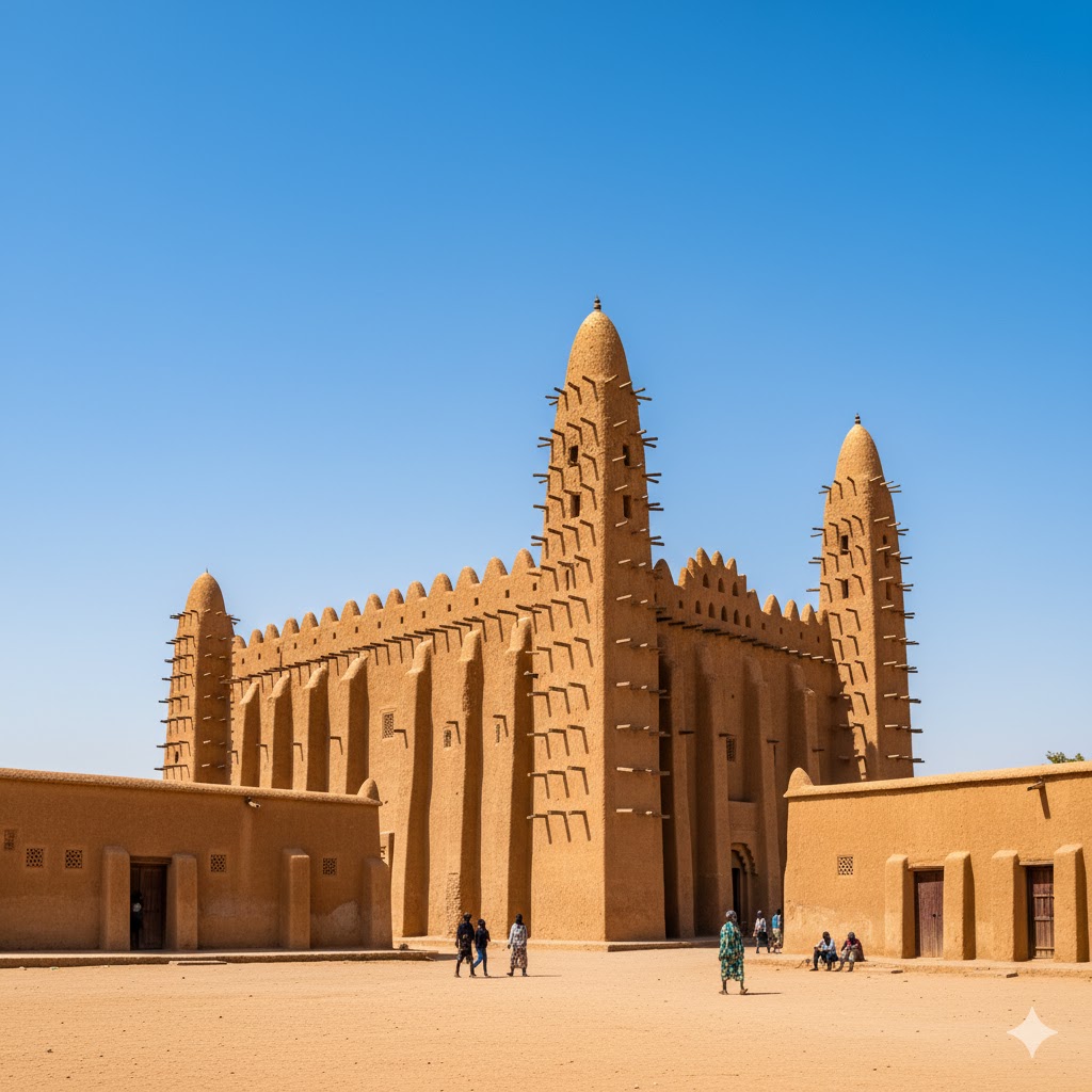 Great Mosque of Djenné made of mudbrick under blue sky, Mali