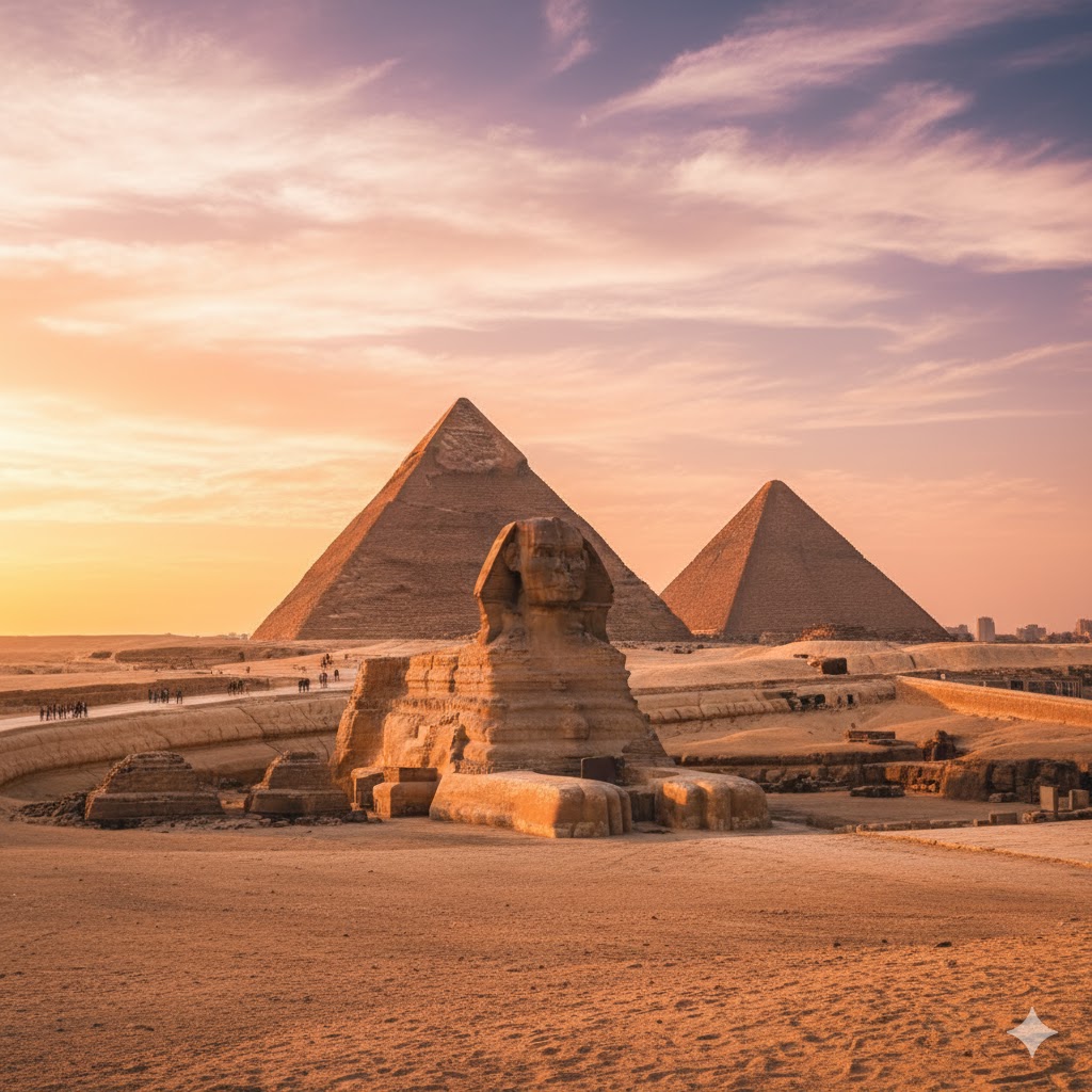 Great Pyramids and Sphinx under golden sunset, Egypt
