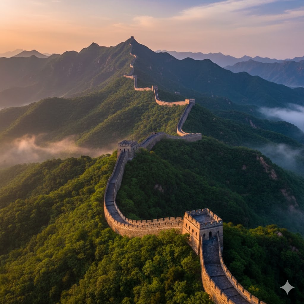 Great Wall of China snaking over mountain ridges