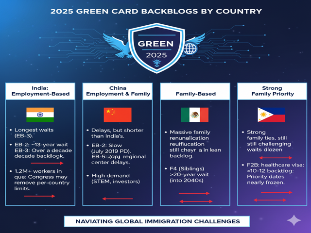 Green Card backlogs 2025 for India, China, Mexico, and Philippines