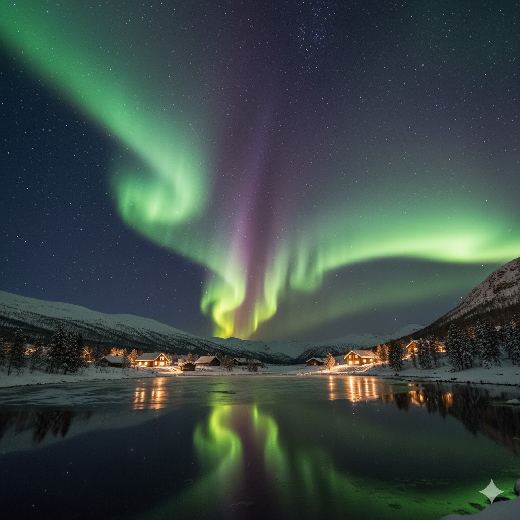 Green and purple Northern Lights swirling above snow-covered cabins in Tromsø, Norway. 