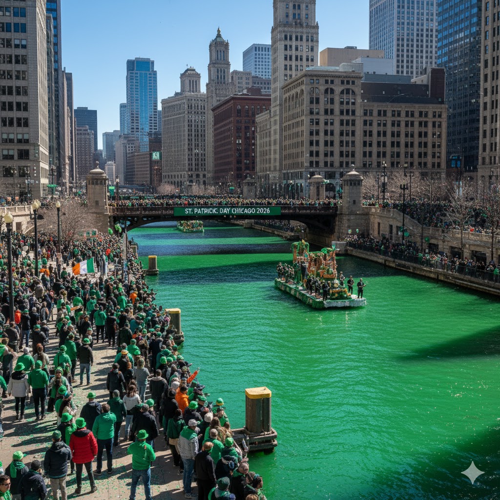 Green-dyed Chicago River with parade crowds during St. Patrick’s Day 2026