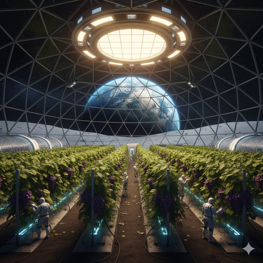 Greenhouse dome on the Moon growing grapevines under artificial sunlight for lunar winery tourism