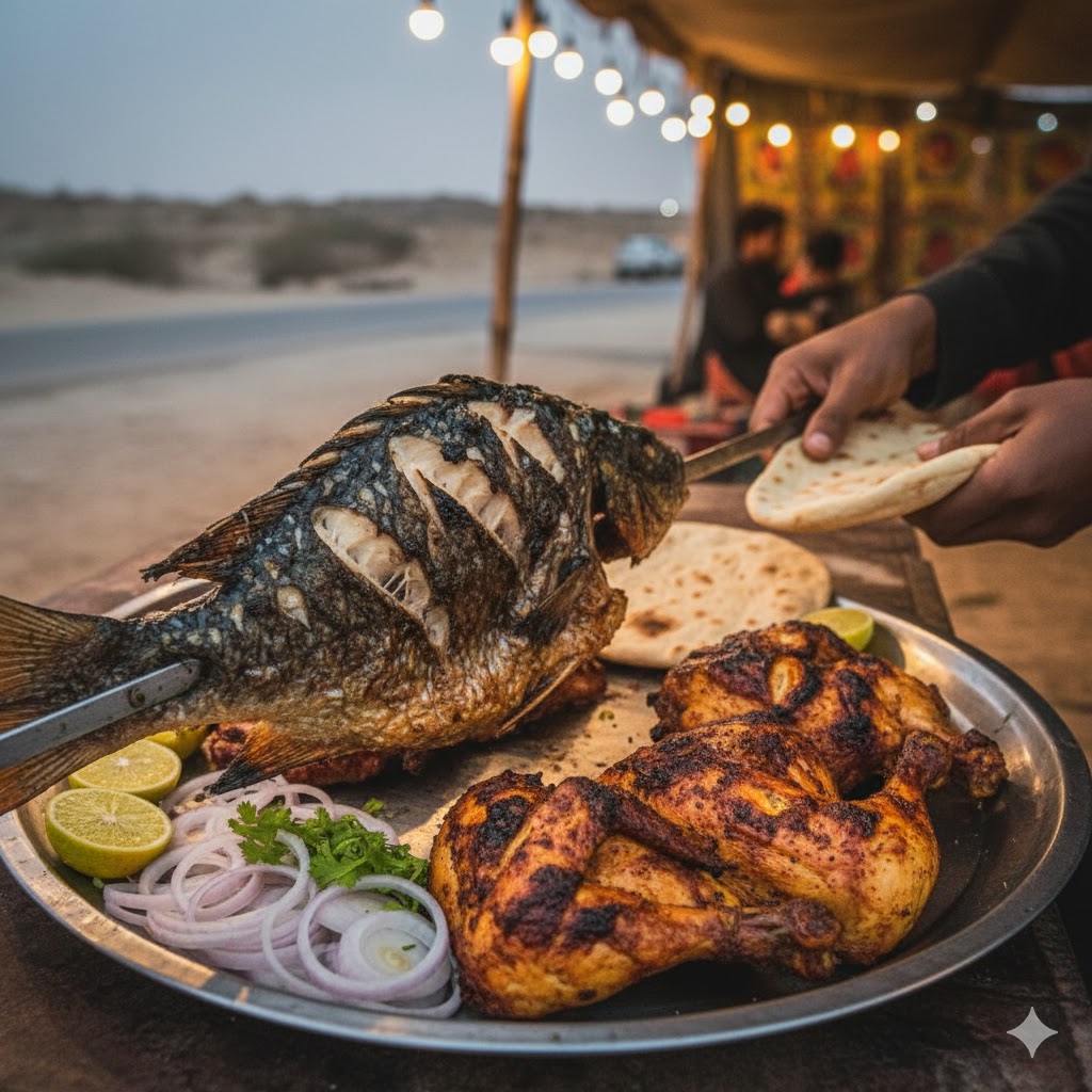Grilled fish and Balochi sajji being served at a roadside restaurant near Sonmiani. 