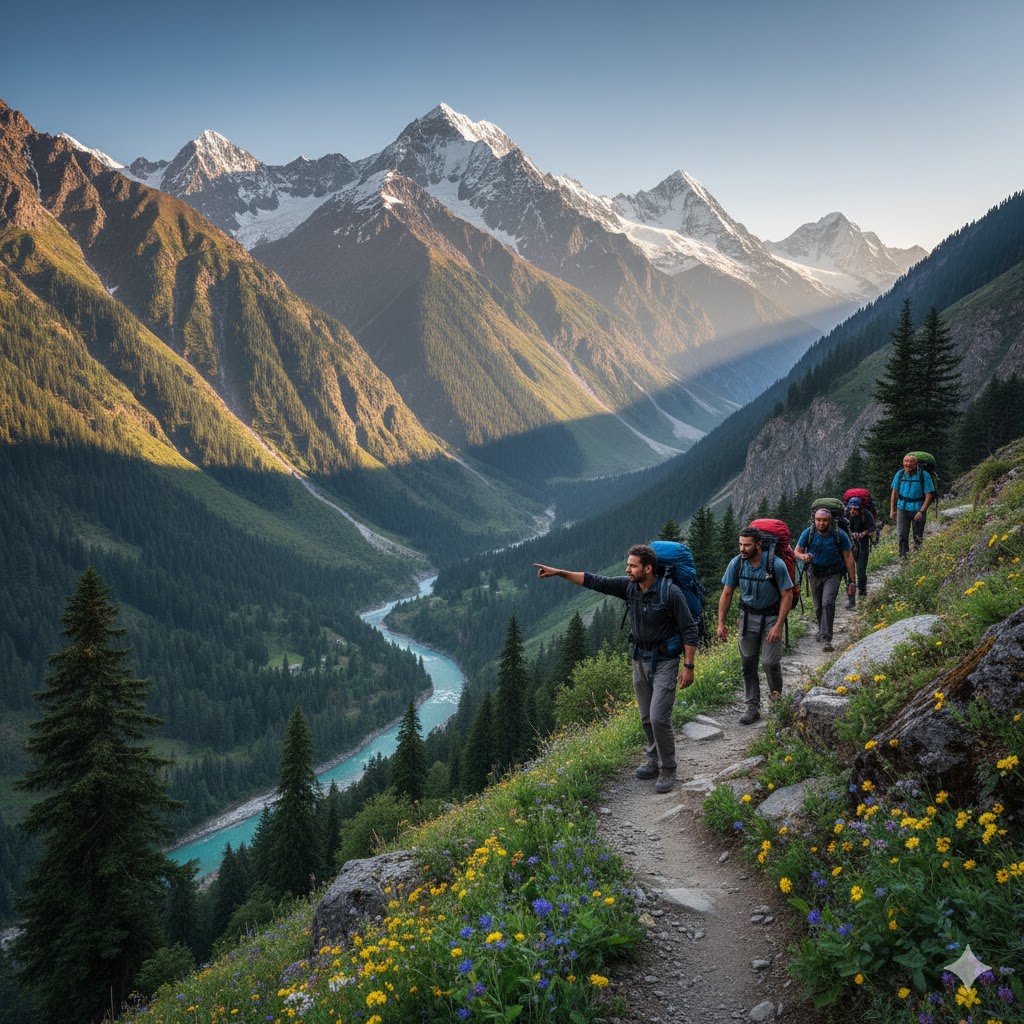 Group of hikers trekking on a scenic mountain trail in Naran Kaghan
