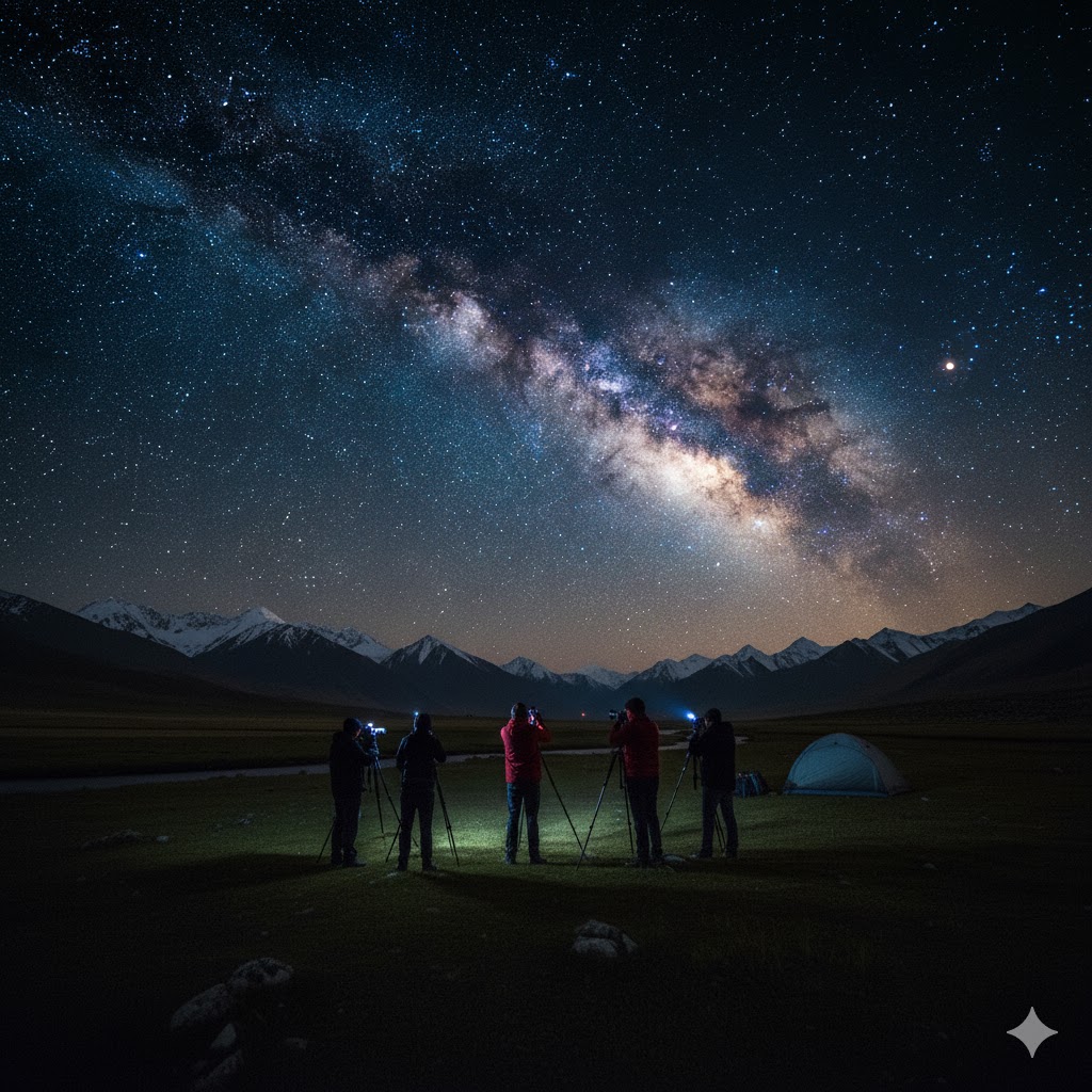 Group of photographers capturing Milky Way with tripods at Deosai campsite.