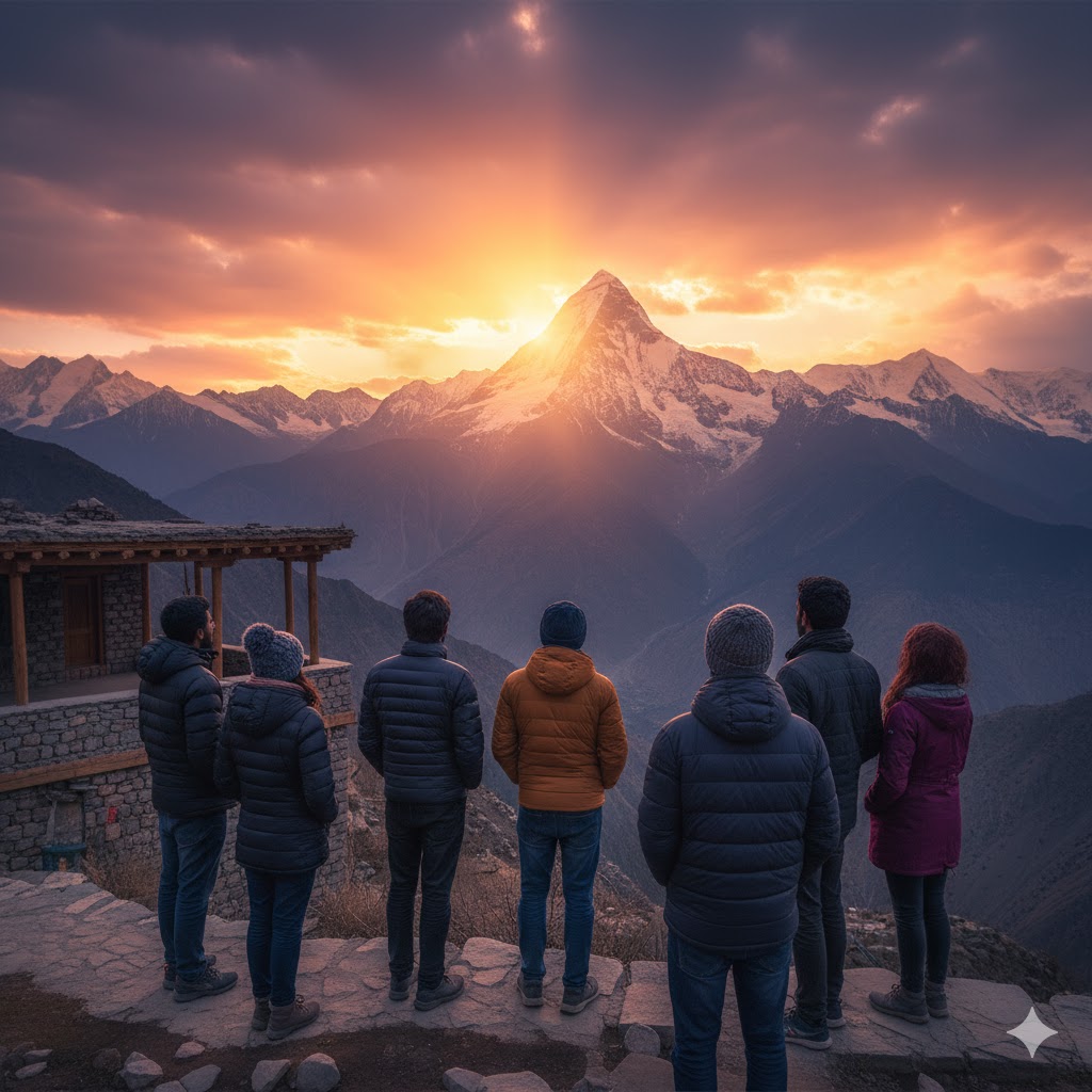 Group of students at Eagle’s Nest Hunza watching sunrise over Rakaposhi