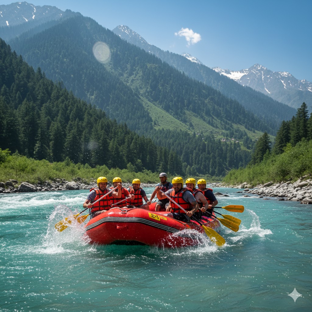 Group of tourists rafting on Kunhar River with mountain backdrop