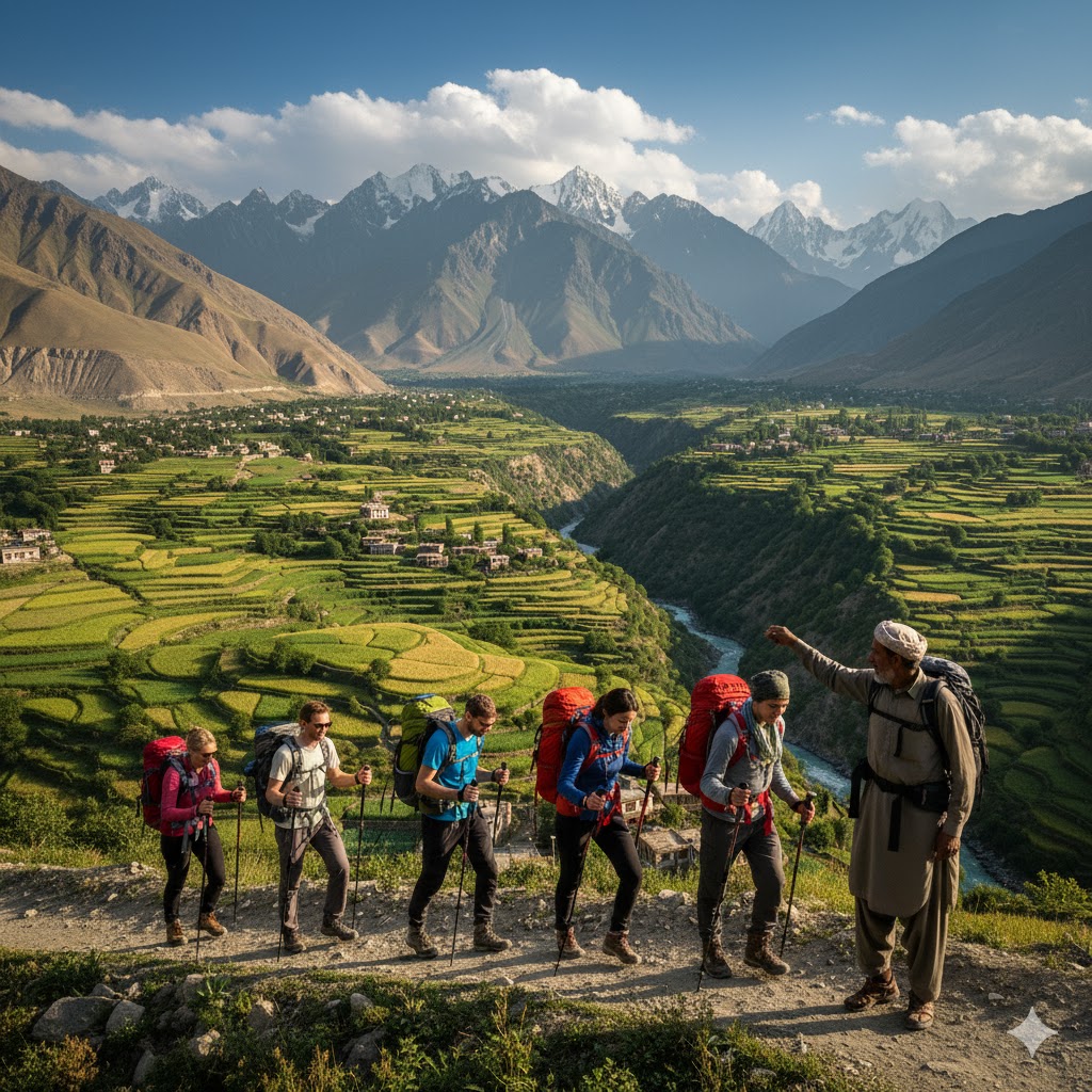 Group of tourists trekking in Hunza Valley with guide
