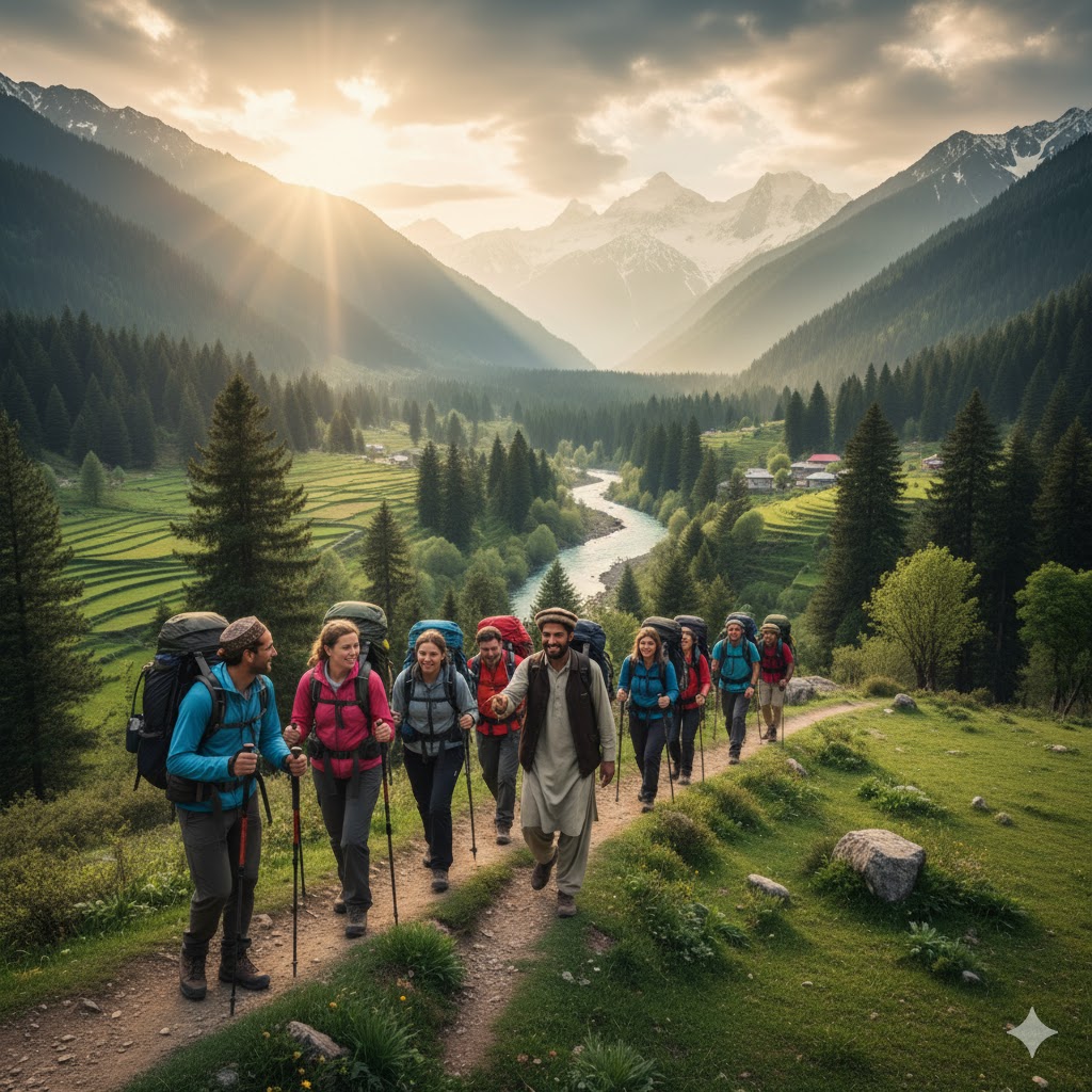 Group of tourists trekking in Swat Valley with a local guide.