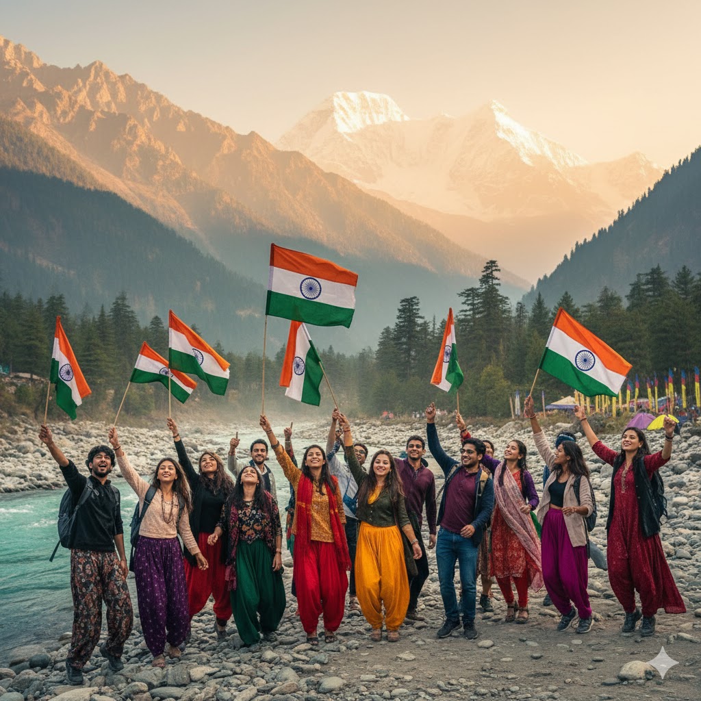 Group of travelers dancing with Indian flags in front of Parvati River Kasol