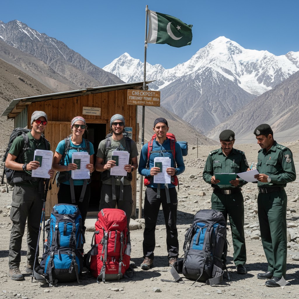 Group of trekkers showing passports and NOC documents at Pakistan permit checkpoint