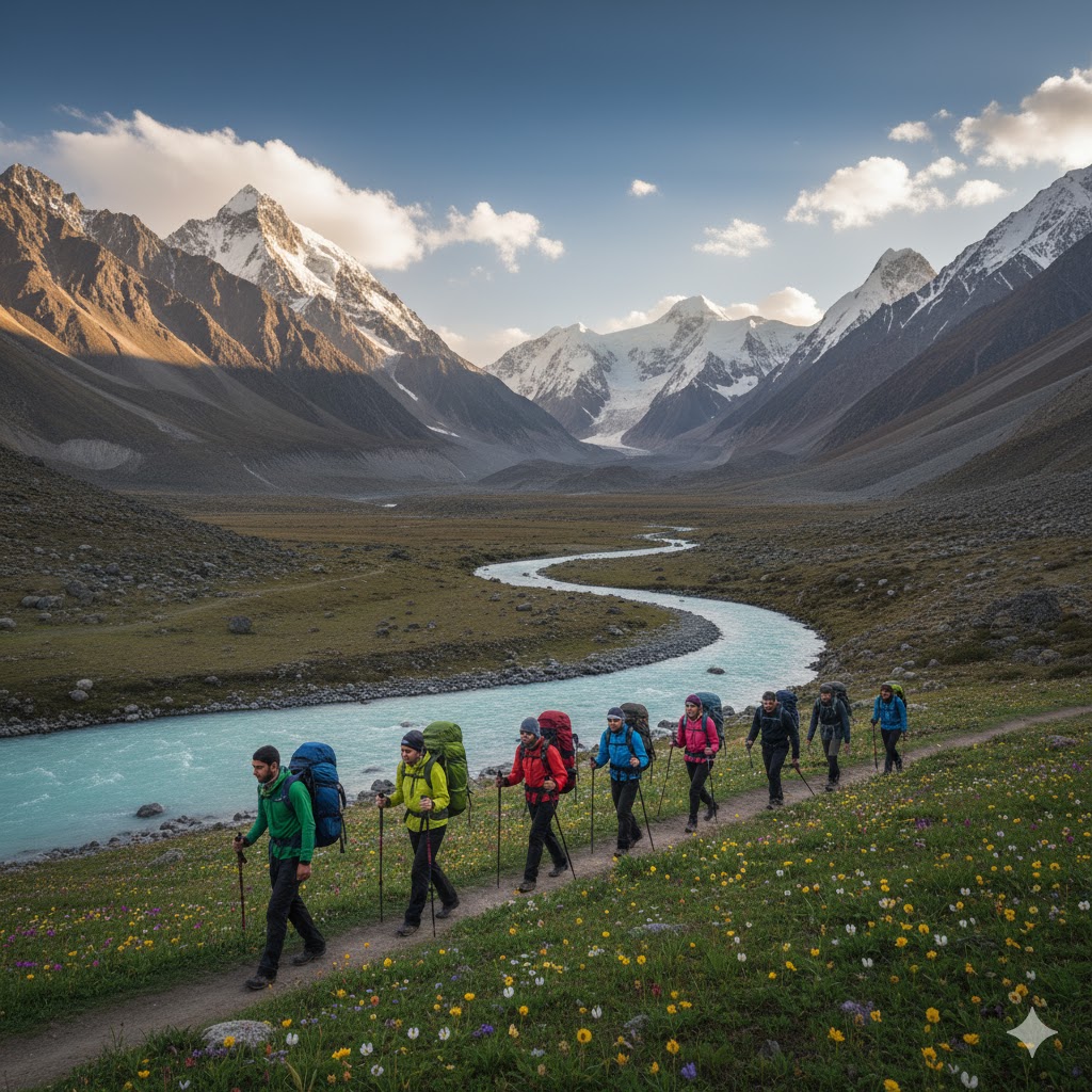 Group trekking in a remote Gilgit Baltistan alpine valley 