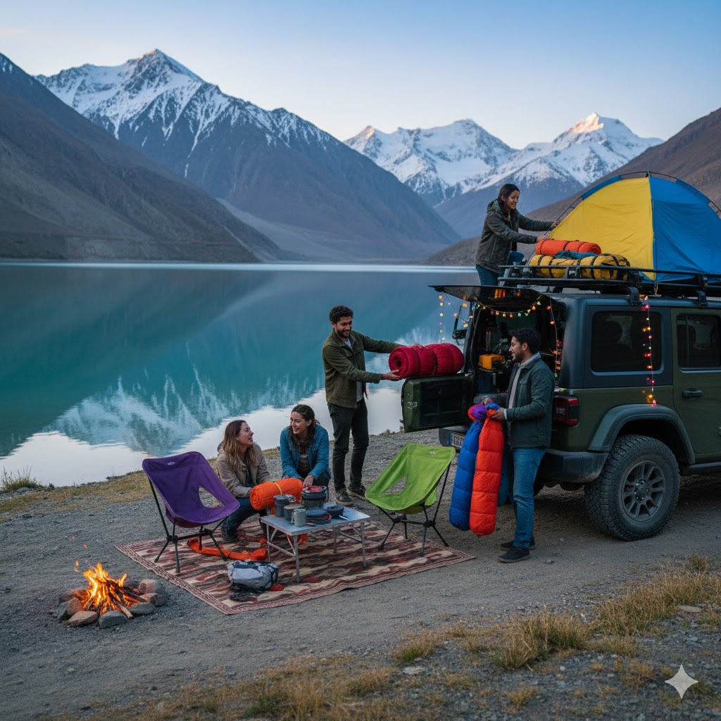 Group unpacking colorful camping gear beside jeep near lake