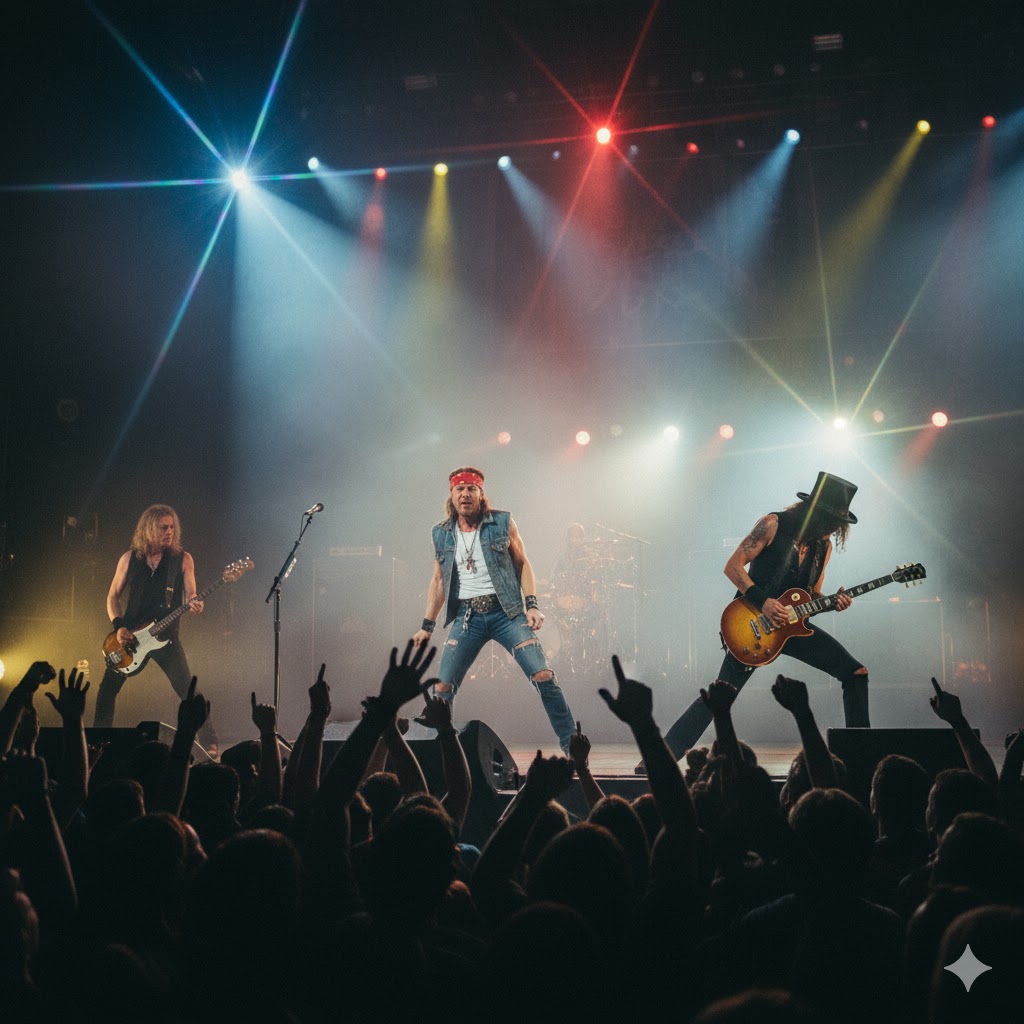 Guns N’ Roses performing Sweet Child O’ Mine live under stage lights.