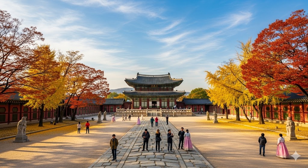 Gyeongbokgung Palace courtyard during autumn in Seoul, South Korea