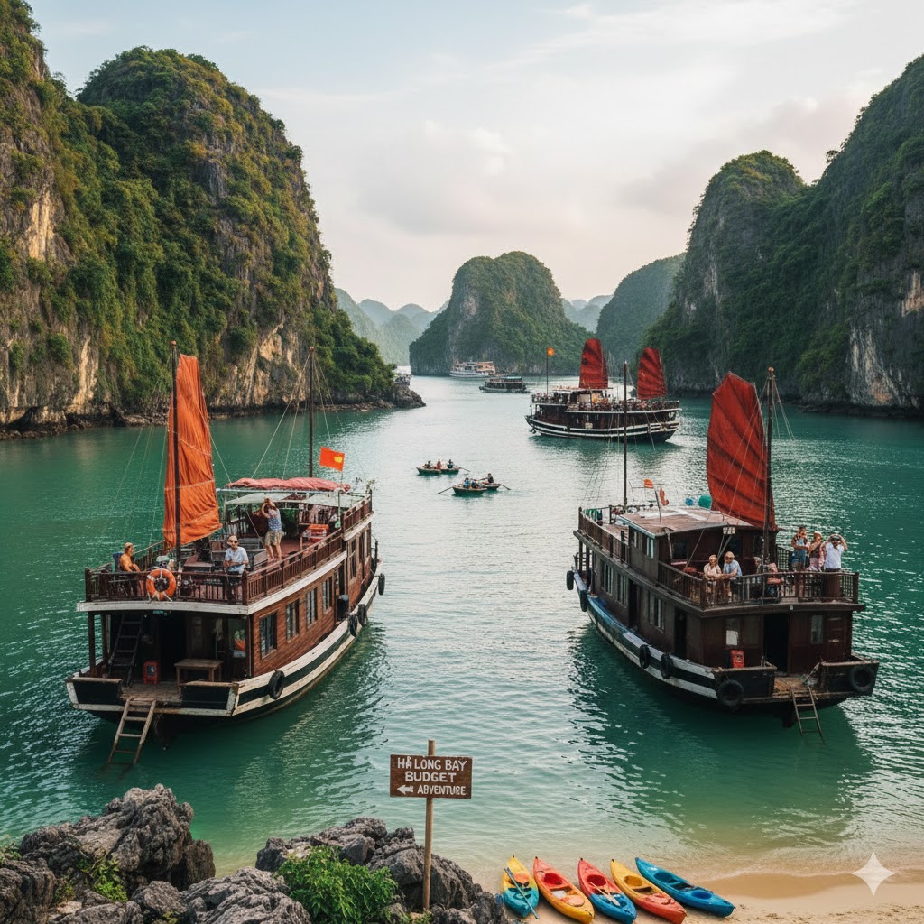Ha Long Bay Vietnam budget travel with boats and limestone cliffs