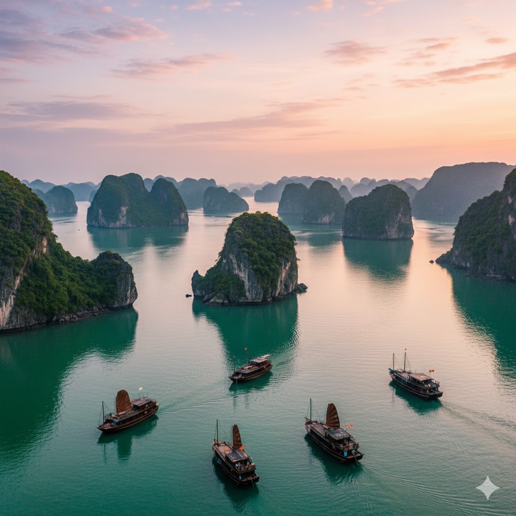 Ha Long Bay karst islands reflected on calm emerald waters, Vietnam