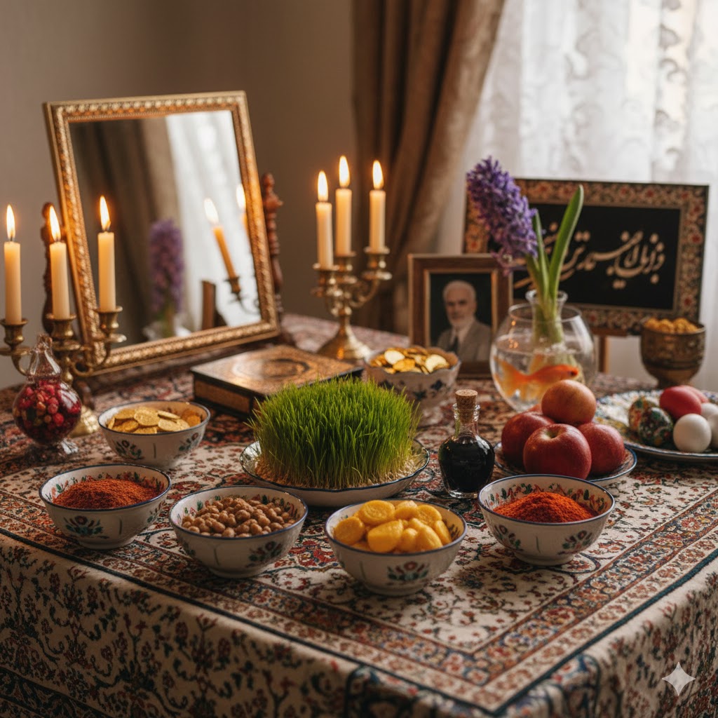 Haft-Seen table setup with apples, coins, candles, and green sprouts for Nowruz celebration