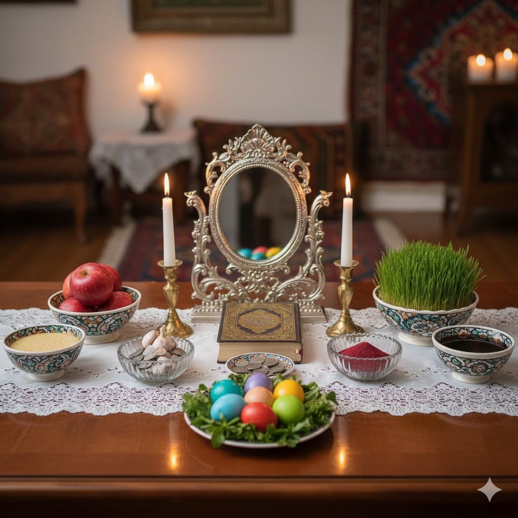 Haft-seen Nowruz table with candles, apples, coins, and colored eggs