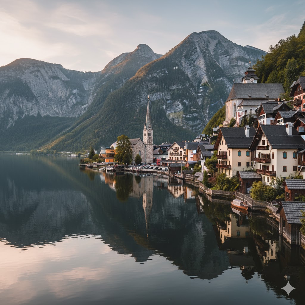Hallstatt village with lake reflection in Austria