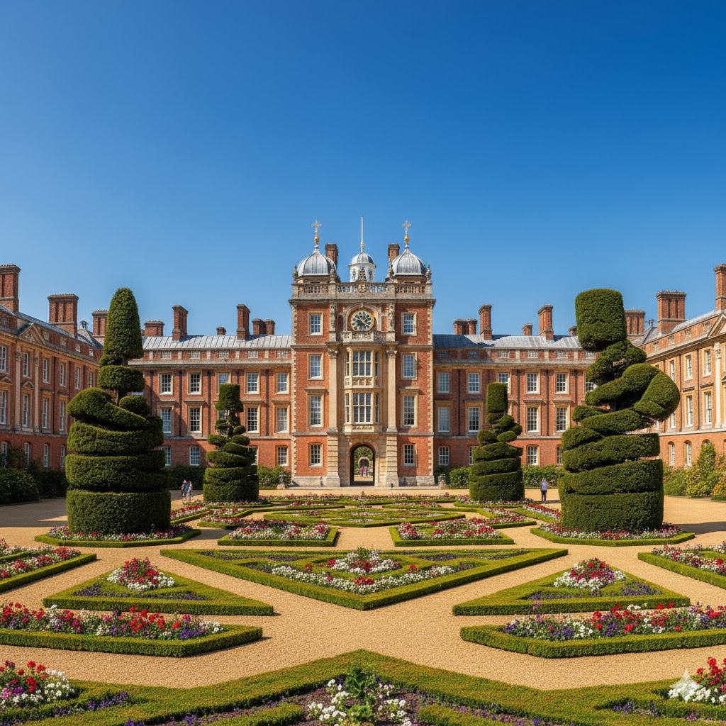 Hampton Court Palace facade with manicured gardens under blue sky